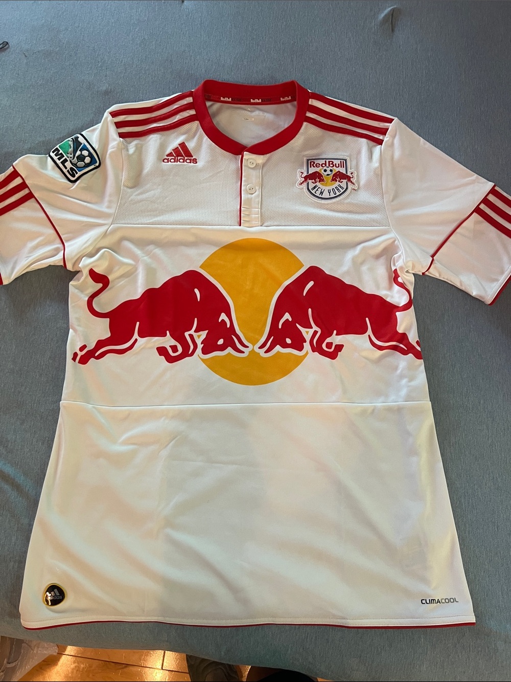 adidas White & Red New York Red Bulls Soccer Jersey with Yellow Sun